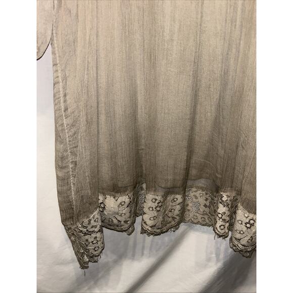 AMANTI Silk Chiffon Taupe blouse Women’s Small Lace Italy Lagenlook Quiet Luxury - Picture 6 of 15